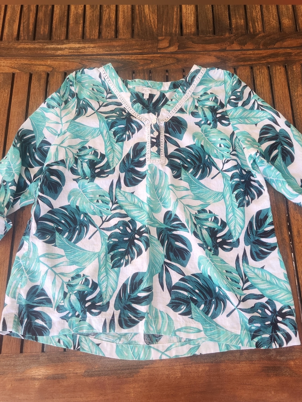 Women's Coral Bay Tropical Print V Neck Blouse Petite XL 3/4 Sleeve Teal